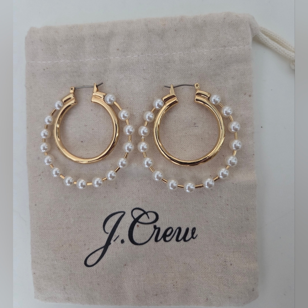 J. Crew Gold Hoop Earrings with Pearl Accents